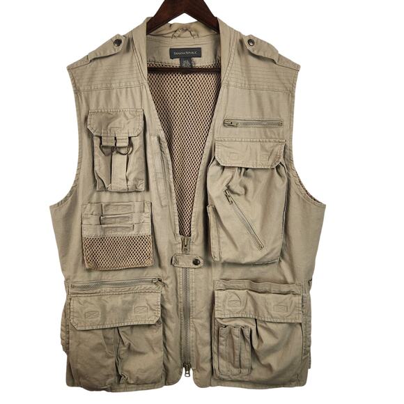Banana Republic Utility Vest Men’s Large Tan Mesh Multi Pocket Zip Vintage - Picture 1 of 16